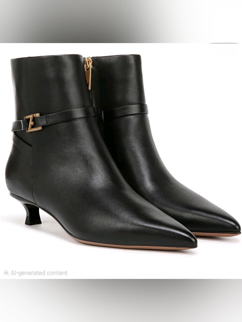 Franco Sarto Black Leather Pointed Ankle Boots with Gold Buckle